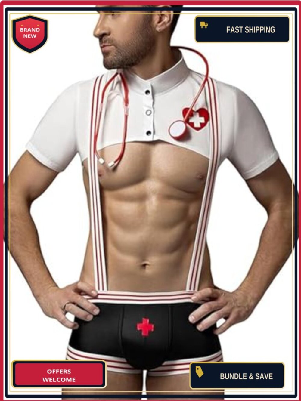 Men's Sexy Nurse Costume Crop Top Boxer Shorts 3PC Cosplay Set